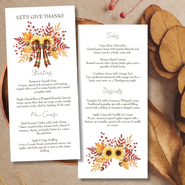 Rustikale Sonnenblumen und Karierter Erntedank Menükarte (Rustic Sunflower & Plaid Thanksgiving Menu)