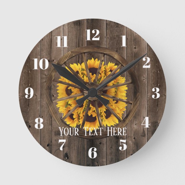 Rustikale Sonnenblumen und Land mit Holzrädern Runde Wanduhr (Vorderseite)