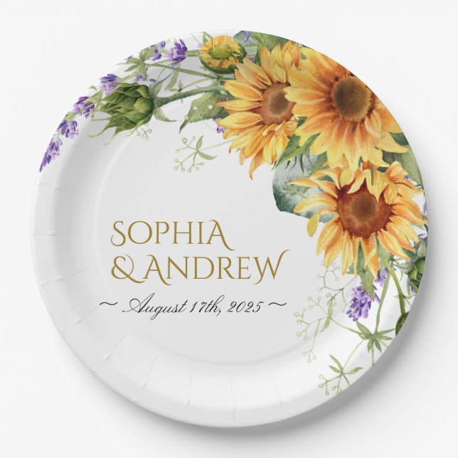 Rustikale Sonnenblumen- und Lavendel-Hochzeit Pappteller (Vorderseite)