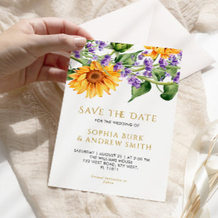 Rustikale Sonnenblumen und Lawander Save the Date Einladung