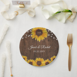Rustikale Sonnenblumen und Lichter aus Holz Brautp Pappteller