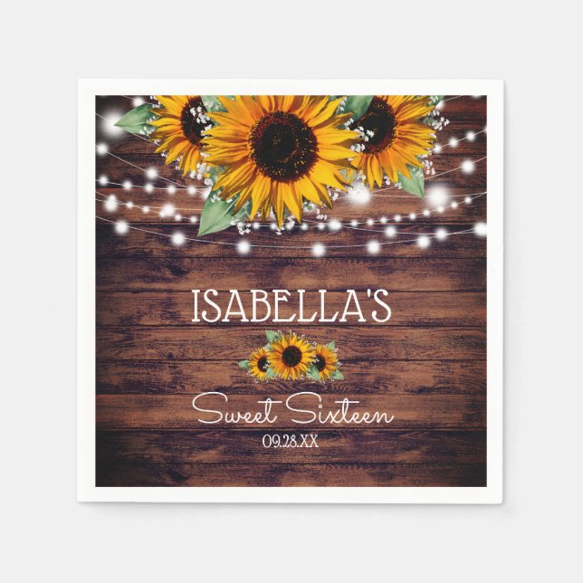 Rustikale Sonnenblumen und Lichter von Twinkle 16  Serviette (Vorderseite)