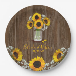 Rustikale Sonnenblumen- und Mason-Glas-Hochzeitspa Pappteller