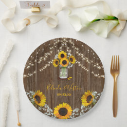 Rustikale Sonnenblumen- und MASON-Krug-Hochzeit Pappteller