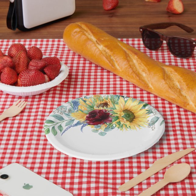 Rustikale Sonnenblumen und Rose Aquarellblumen Pappteller (Picknick)