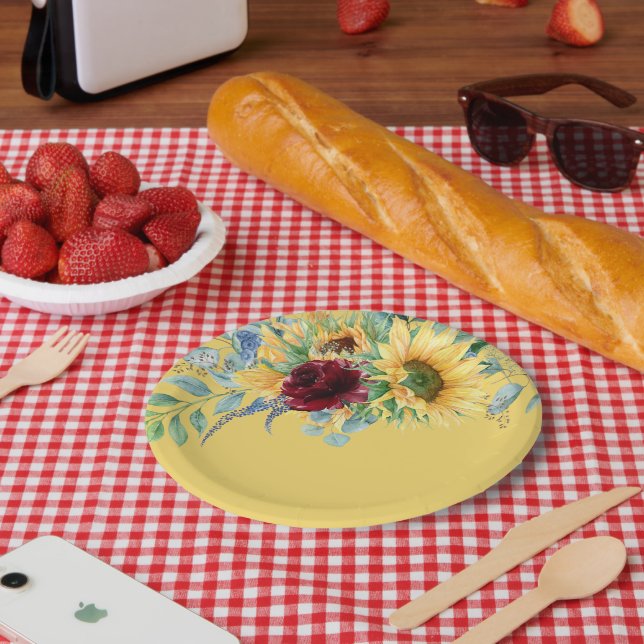 Rustikale Sonnenblumen und Rose Blumengelb Pappteller (Picknick)