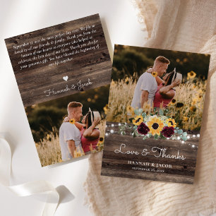 Rustikale Sonnenblumen und Rose Hochzeit von Holz Dankeskarte
