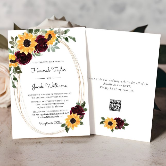 Rustikale Sonnenblumen und Rose QR Code Hochzeit Einladung (Von Creator hochgeladen)