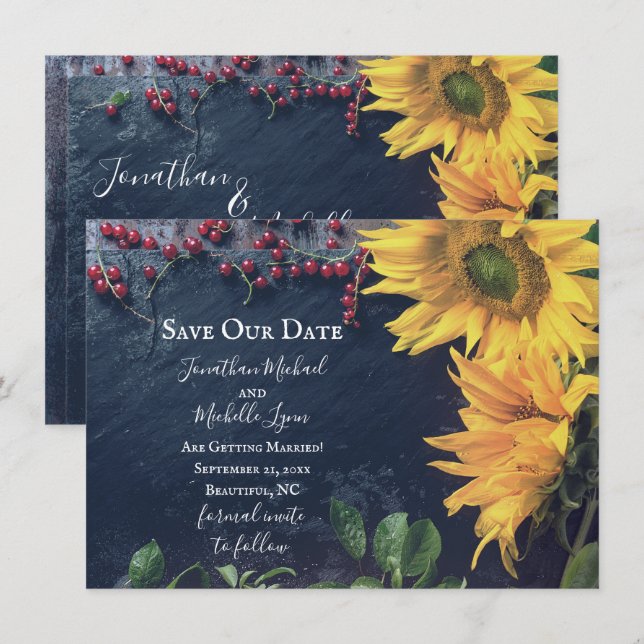 Rustikale Sonnenblumen und Schiefer Rettete unser  Einladung (Vorne/Hinten)