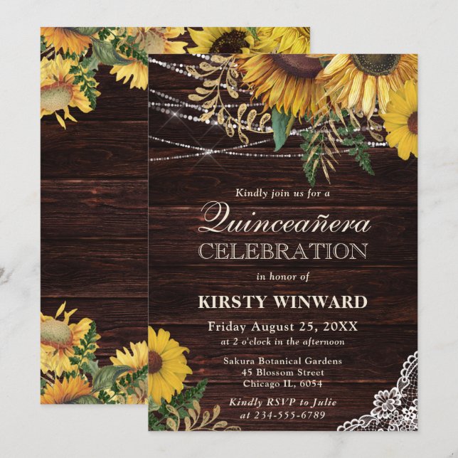 Rustikale Sonnenblumen und Streichlichtblumen, Qui Einladung (Vorne/Hinten)