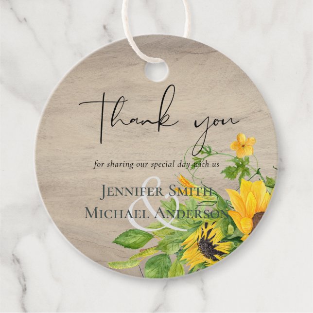 Rustikale Sonnenblumen-Wald Hochzeit Vielen Dank Geschenkanhänger (Vorderseite)