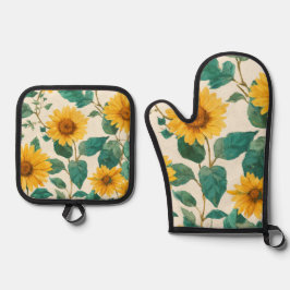 Rustikale Sonnenblumen-Watercolor-Florale Farmhous Ofenhandschuh & Topflappen-Set