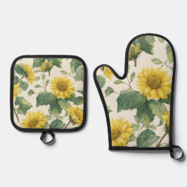 Rustikale Sonnenblumen-Watercolor-Florale Farmhous Ofenhandschuh & Topflappen-Set