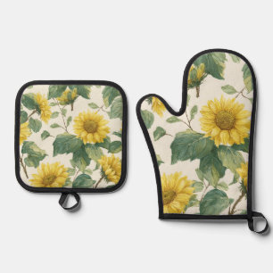 Rustikale Sonnenblumen-Watercolor-Florale Farmhous Ofenhandschuh & Topflappen-Set