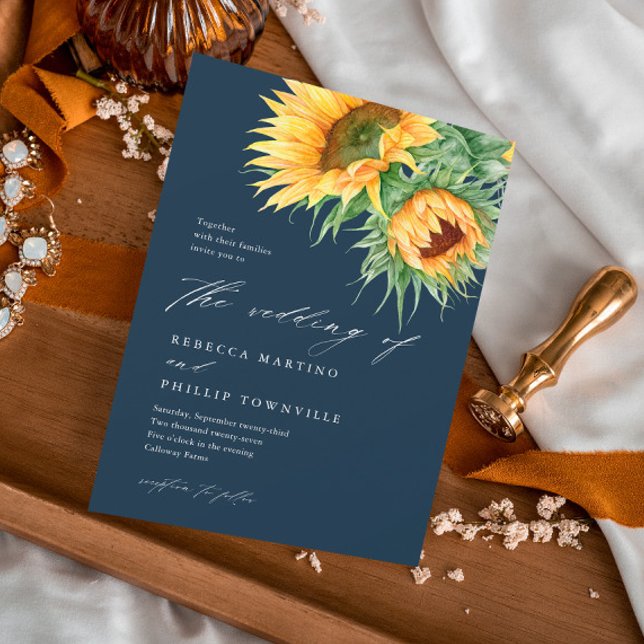 Rustikale Sonnenblumen-Watercolor-Hochzeit Einladung (An elegant, rustic sunflower wedding invitation with watercolor illustration and script typography.)
