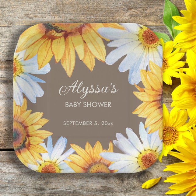 Rustikale Sonnenblumen White Daisies Brown Babydus Pappteller (Sunflowers and daisies on brown baby shower custom paper plate. )