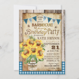 Rustikale Sonnenblumen Wood Gingham Karo Birthday Einladung