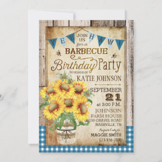 Rustikale Sonnenblumen Wood Gingham Karo Birthday Einladung