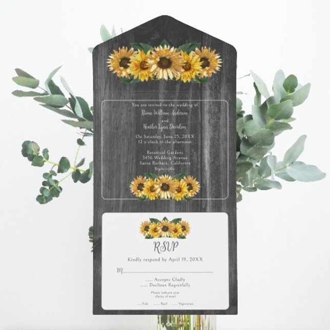 Rustikale Sonnenblumenhochzeit All In One Einladung (Rustic Weathered Sunflower Wedding All in One Invitation)