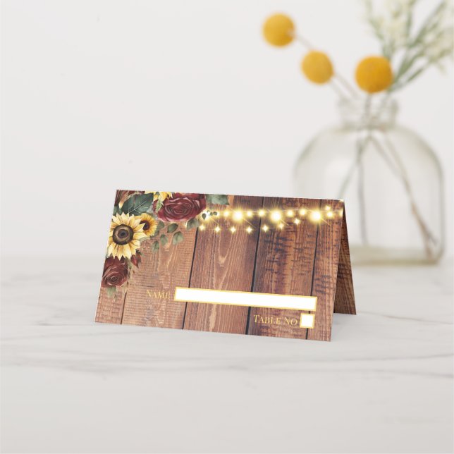 Rustikale Sonnenblumenhochzeit Platzkarte (Vorderseite)