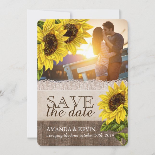 Rustikale Sonnenblumenhochzeit rettet das Datum Save The Date (Vorderseite)