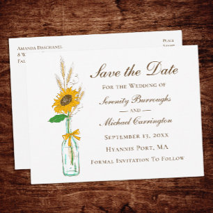 Rustikale Sonnenblumenhochzeit Save the Date Postkarte