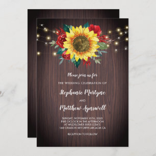Rustikale Sonnenblumenlichter Hochzeit mit Roter F Einladung