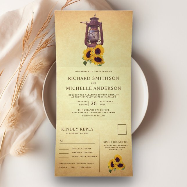 Rustikale Sonnenblumenöller Dreifach Gefaltete Einladung (Von Creator hochgeladen)