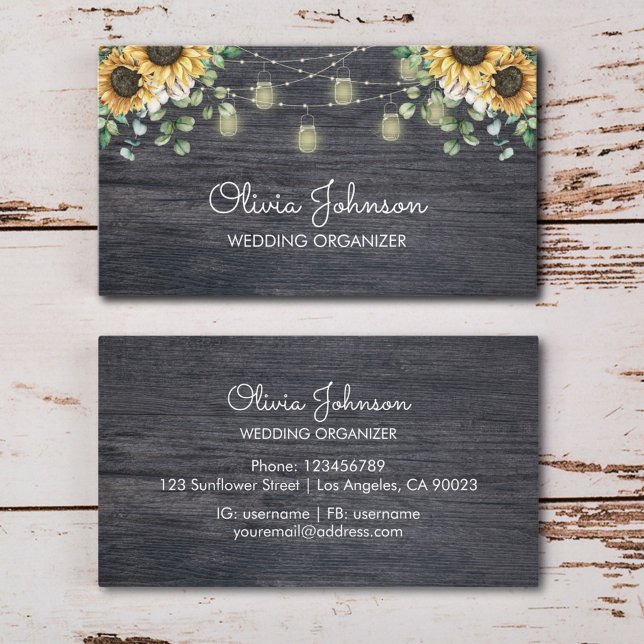 Rustikale Sonnenblumensaite hell Holz Visitenkarte (In situ wood table)