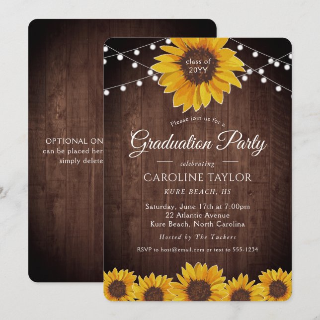 Rustikale Sonnenblumensaite Lights Graduation Part Einladung (Vorne/Hinten)