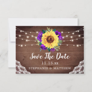 Rustikale Sonnenblumenspitze Lila Rose Hochzeit im Save The Date
