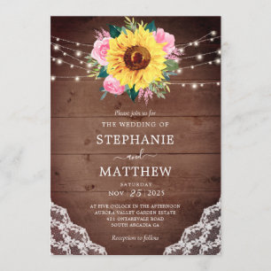Rustikale Sonnenblumenspitze Rosenhochzeit Einladung