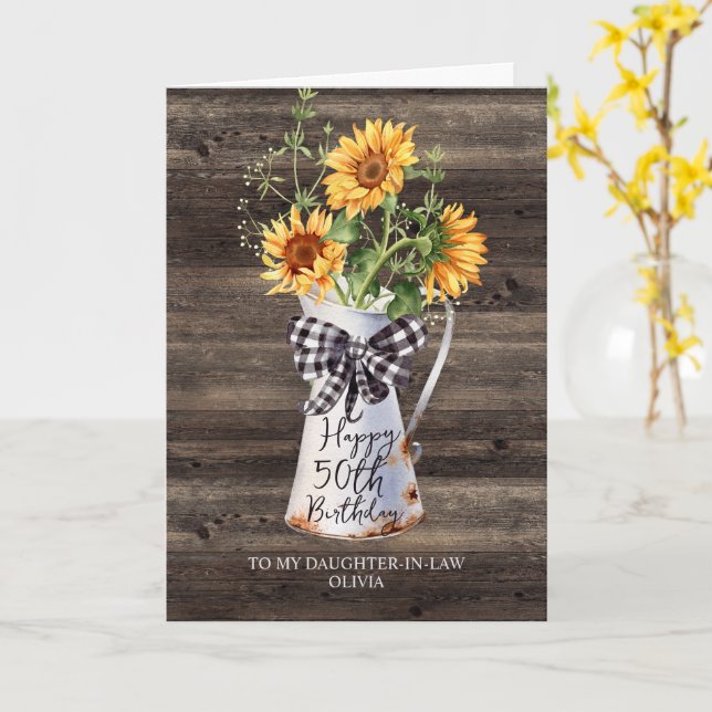 Rustikale Sonnenblumentochter im Gesetz 50. Geburt Karte (Gelbe Blume)
