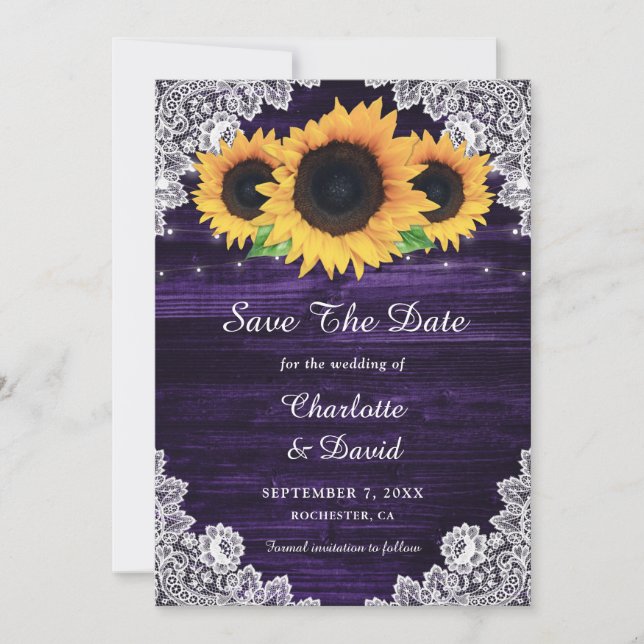Rustikale Sonnenblumenzunge Lila Hochzeit Save The Date (Vorderseite)
