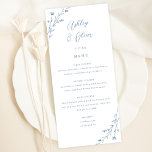 Rustikale Speisekarte mit weißer und blauer Blume Programm<br><div class="desc">Diese hübsche Hochzeitsempfangskarte besticht durch einen klassischen, weißen Hintergrund mit handgezeichnet Wildblumen und eleganter Typografie in staubblauer Farbe. Zusammen bilden diese Elemente ein rustikales und dennoch elegantes Hochzeitsmenü, das sich perfekt für eine romantische Hochzeit zu jeder Jahreszeit eignet. Dieses Design koordiniert mit unserer Hochzeitssuite für rustikale Wildblumen. Sehen Sie die...</div>