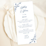 Rustikale Speisekarte mit weißer und blauer Blüte Programm<br><div class="desc">Diese hübsche Hochzeitsempfangskarte besticht durch einen klassischen, weißen Hintergrund mit handgezeichnet Wildblumen und eleganter Typografie in Marineblau. Zusammen bilden diese Elemente ein rustikales und dennoch elegantes Hochzeitsmenü, das sich perfekt für eine romantische Hochzeit zu jeder Jahreszeit eignet. Dieses Design koordiniert mit unserer Hochzeitssuite für rustikale Wildblumen. Sehen Sie die Sammlung...</div>