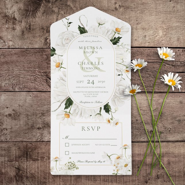 Rustikale Speisen & Blume Kein Abendessen All In One Einladung (Rustic Daisies & White Flowers All In One Wedding Invitation without Dinner Options)