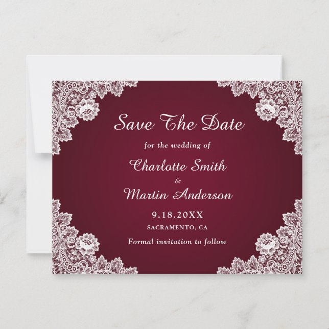 Rustikale Spitzen-Burgund Hochzeit speichern die D Save The Date (Vorderseite)
