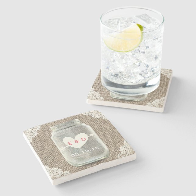 Rustikale Spitzen & Burlap Mason Jar Wedding Steinuntersetzer (Seitenansicht)