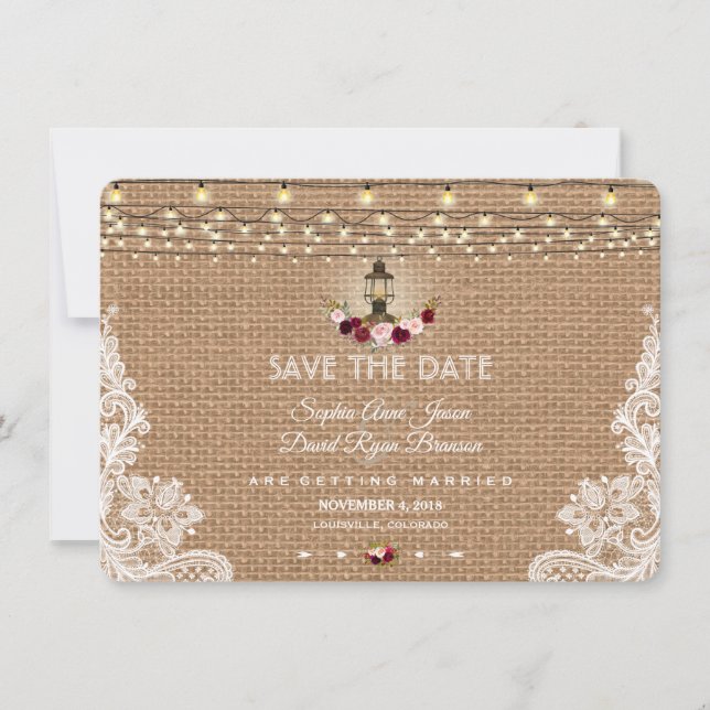 Rustikale Spitzen-Burlap-String-Leuchten Save the  Save The Date (Vorderseite)