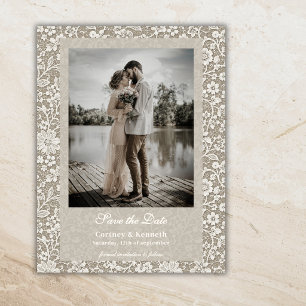 Rustikale Spitzen-Foto-Beige-Hochzeit Bitte Termin Postkarte