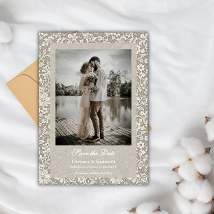 Rustikale Spitzen-Foto-Beige-Hochzeit Termin merke Einladung
