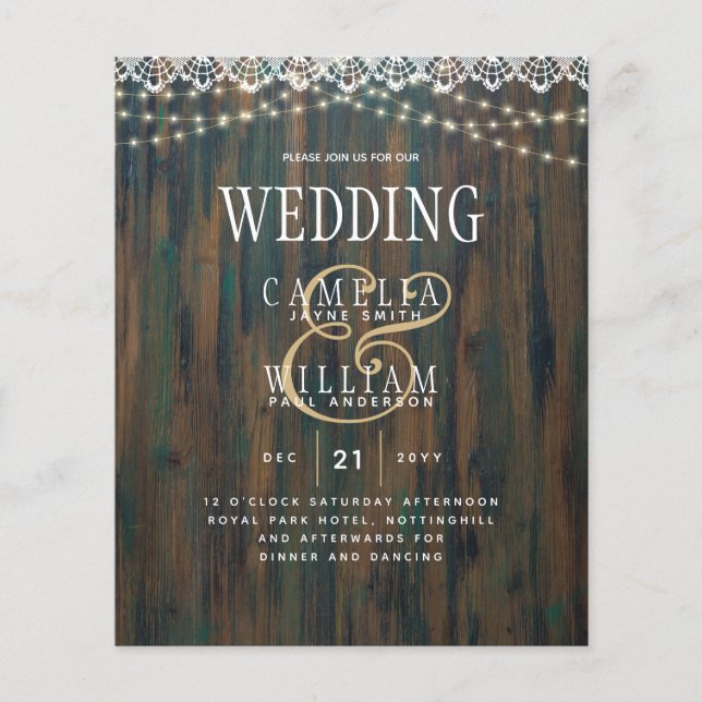 Rustikale Spitzen Lichter Holz aussehen Hochzeit Flyer (Vorne)