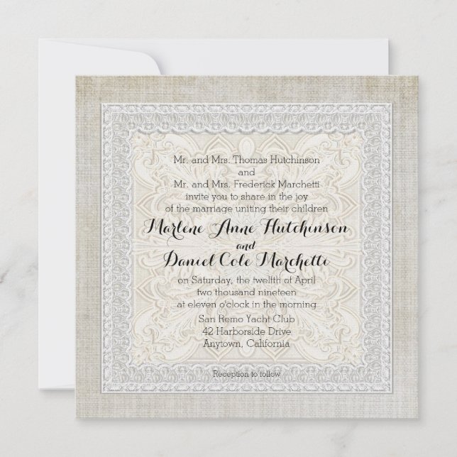 Rustikale Spitzen mit Vintagem Leinen Landschaftse Einladung (Vorderseite)