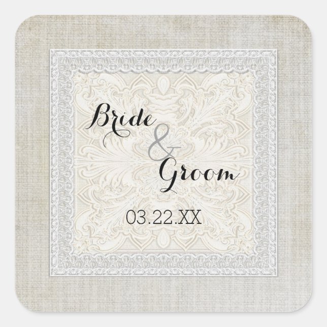 Rustikale Spitzen mit Vintagem Leinen Landschaftse Quadratischer Aufkleber (Vorderseite)