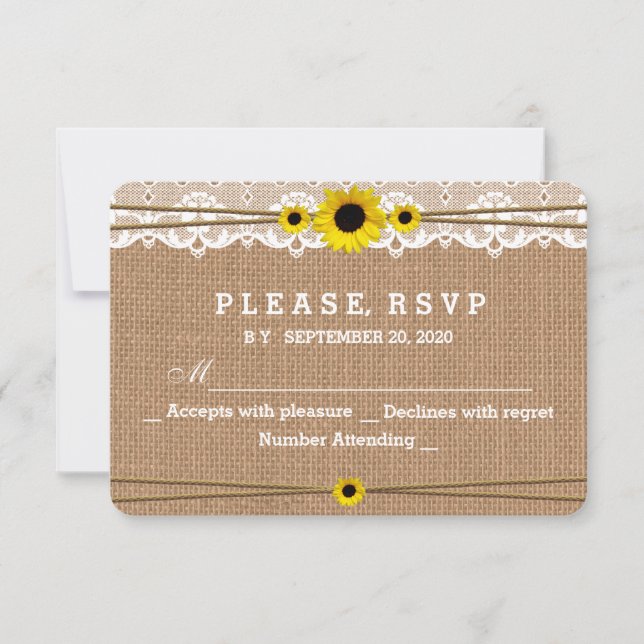 Rustikale Spitzen, Sun-Blume, Burlap Wedding RSVP (Vorderseite)