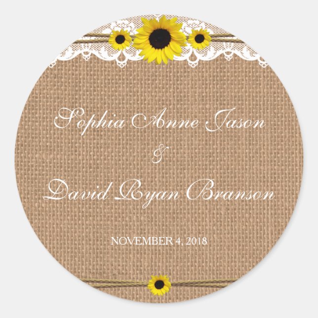 Rustikale Spitzen, Sun-Blume, Hochzeit nach Maß Runder Aufkleber (Vorderseite)