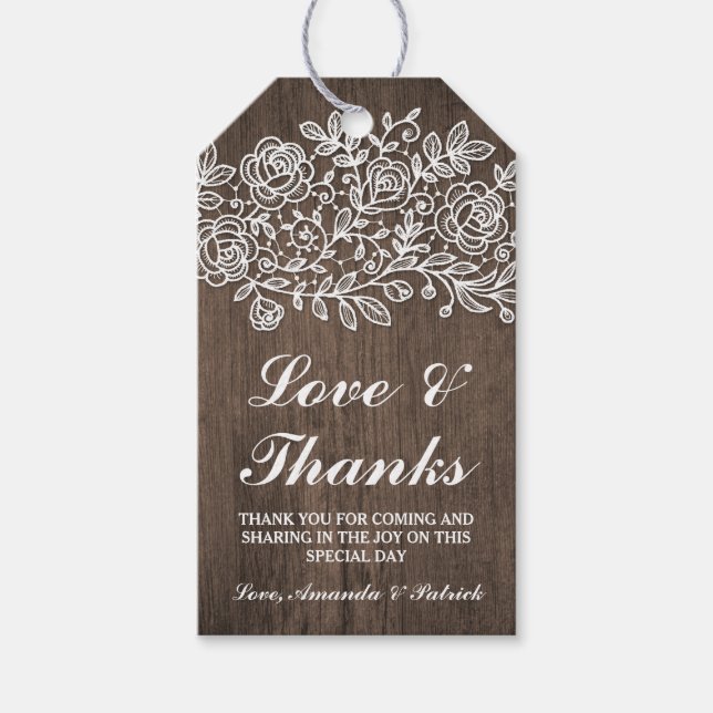 Rustikale Spitzen- und Landholzhochzeit Vielen Dan Geschenkanhänger (Vorderseite)