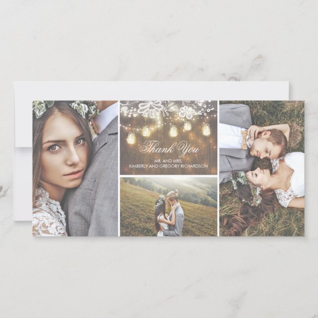 Rustikale Spitzen und Mason Jar Lights Hochzeit Vi Dankeskarte (Vorderseite)