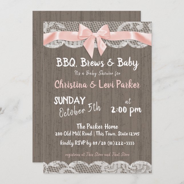 Rustikale Spitzen- und Wood-Babydusche Einladung (Vorne/Hinten)